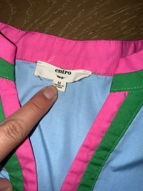 entro Blue Puff Sleeve Top with Pink and Green Trim - Picture 2 of 4